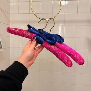 Vintage Pink Floral Padded Clothing Hangers with Blue Ribbon Bows - set of 2